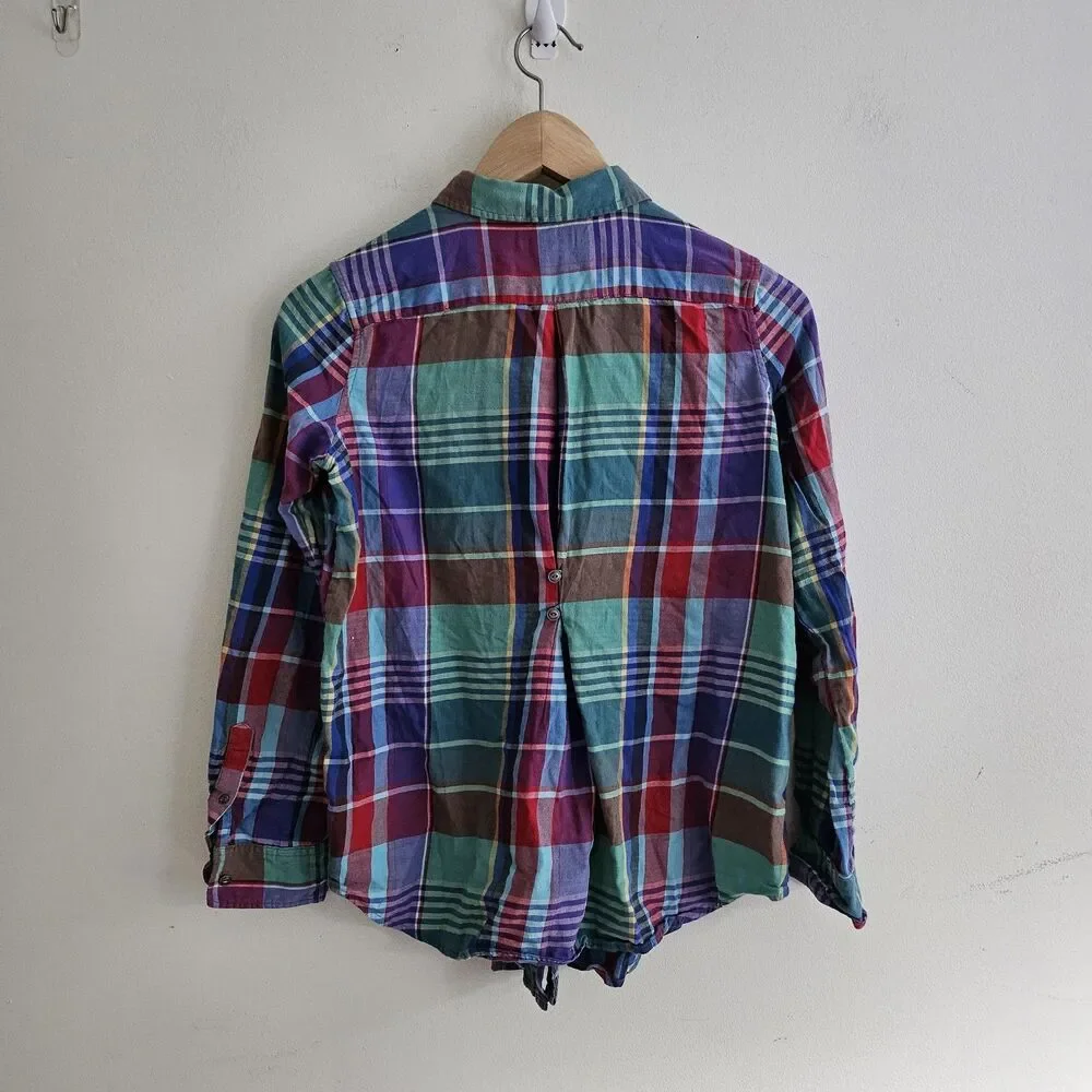 Ralph Lauren Plaid Pintuck Button Up Shirt Multicolor Madras Roll Tab Girls 14